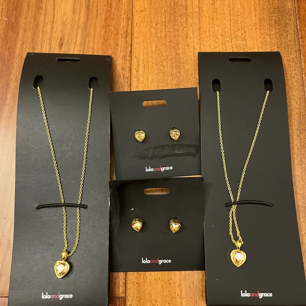 Lola & Grace Crystal Heart Pendant & Studs Gold Read Description